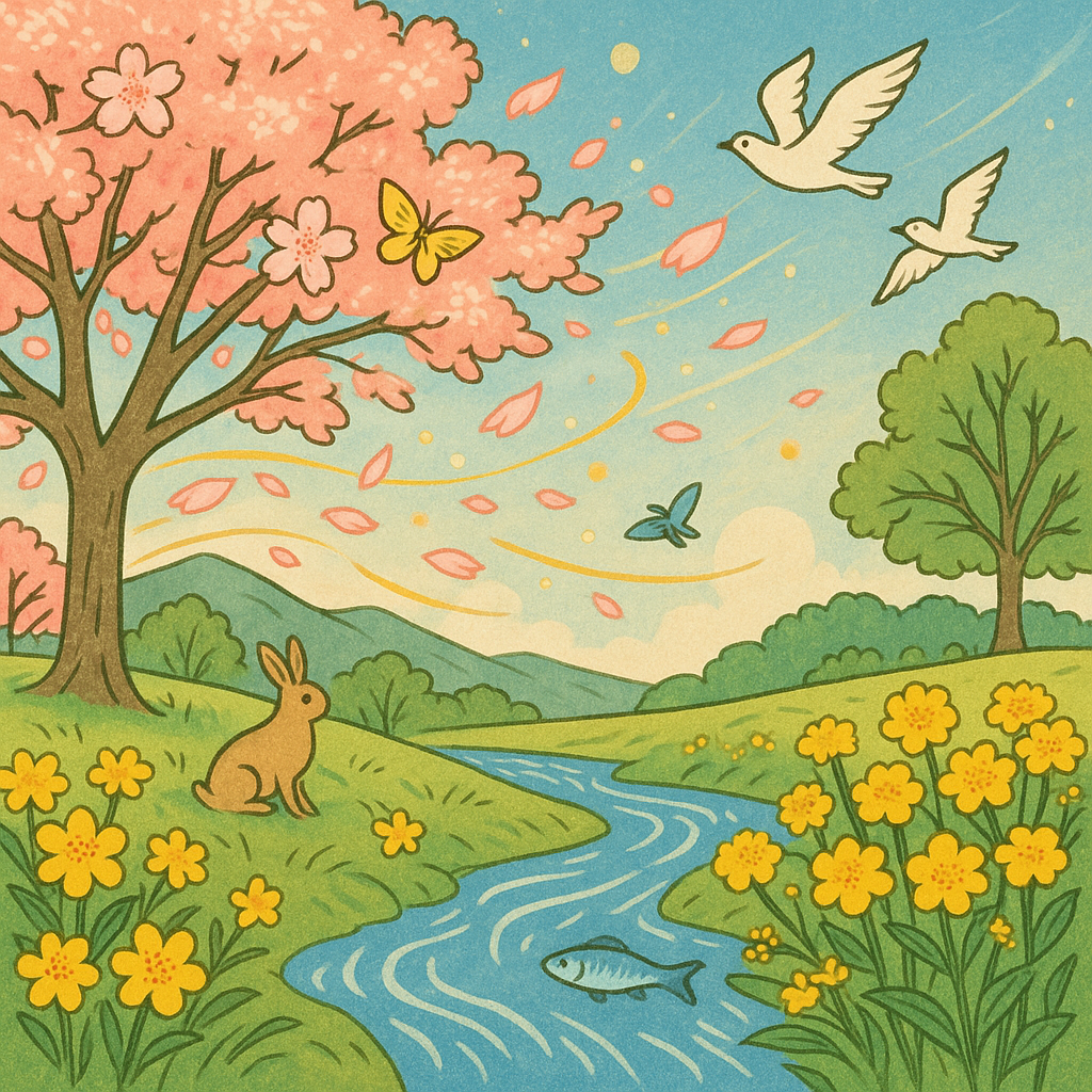 春の自然。菜の花、桜、魚が泳ぐ、蝶が舞う