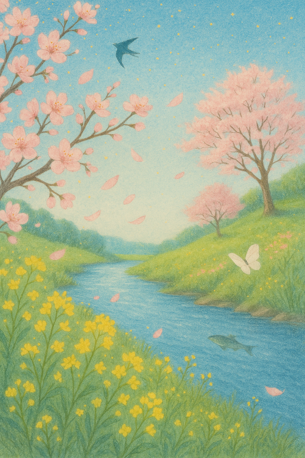 春の自然。菜の花、桜、魚が泳ぐ、蝶が舞う